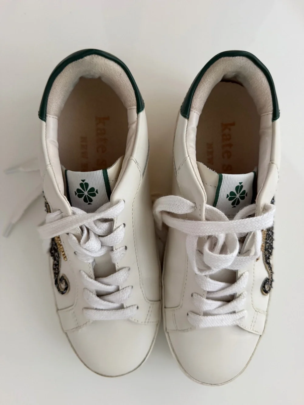 Kate Spade Ace Leopard Leather Sneakers White Green Beaded Cat Shoes Sz 7 EUC